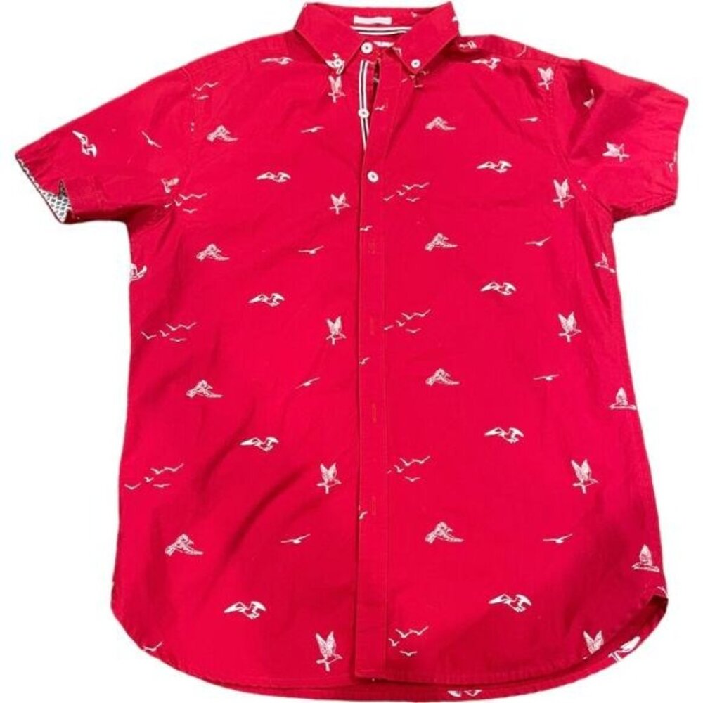 Denim & Flower Mens Red Short Sleeve Button-Up Shirt Slim Fit Size M